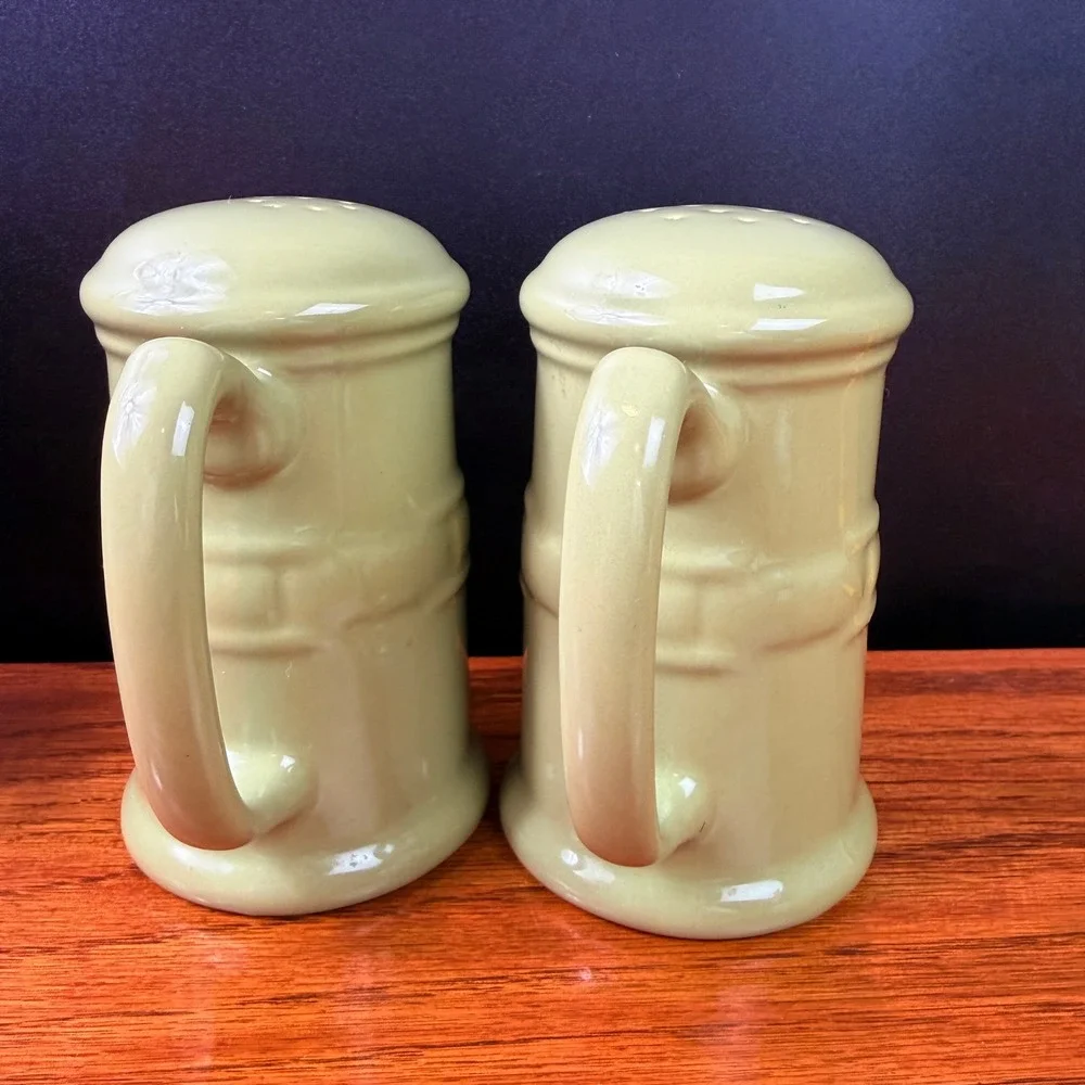Longaberger Salt Pepper Shakers 2 Sets Sage Green Woven Ceramic Iron Caddy